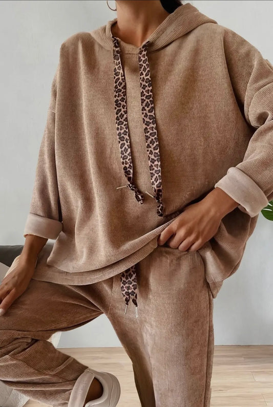 Dark Khaki Drawstring Pullover Hoodie and High Waist Corduroy Pant Set