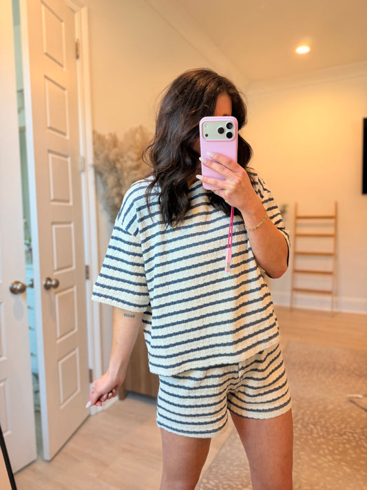 Denim Zenana Ribbed Short Sleeve Shirt and Short Set