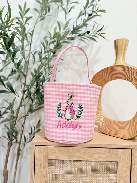 Pink Gingham Embroidered Easter Baskets