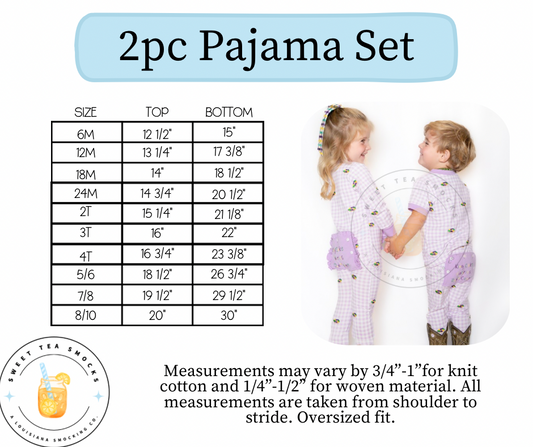 2pc Pajama Size Chart