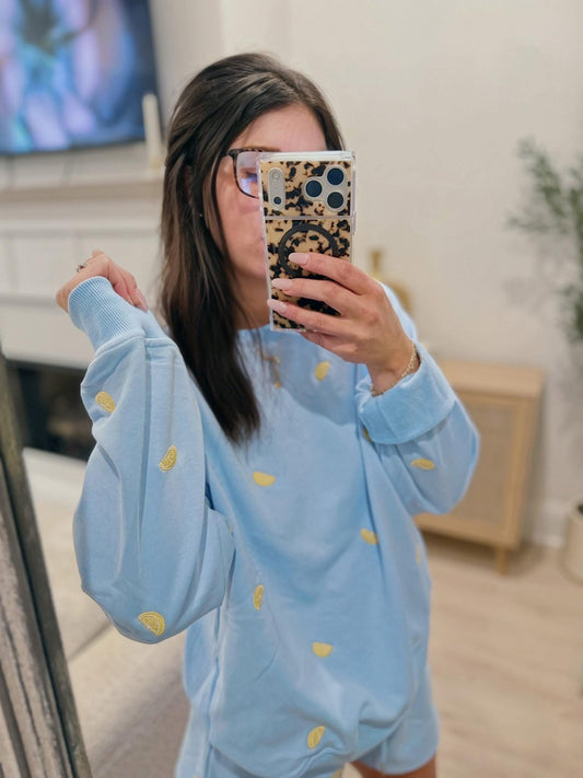 Long Sleeve Embroidered Lemon Sweatshirt and Short Set