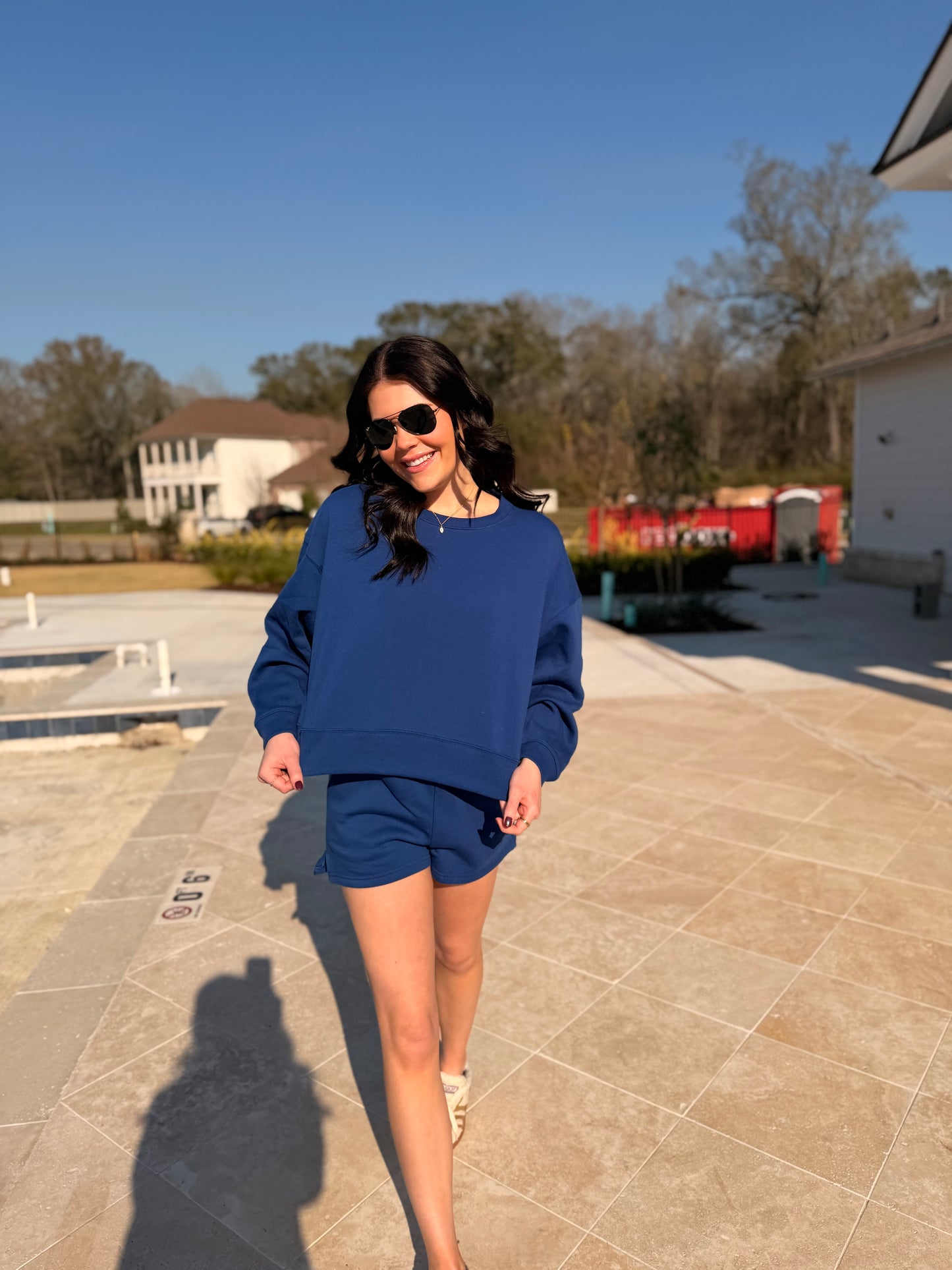 Navy Zenana Fleece Sweatshirt & Shorts Set