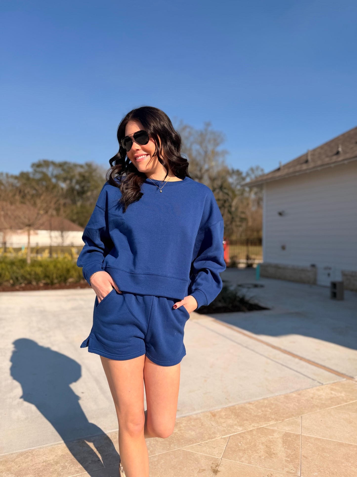 Navy Zenana Fleece Sweatshirt & Shorts Set