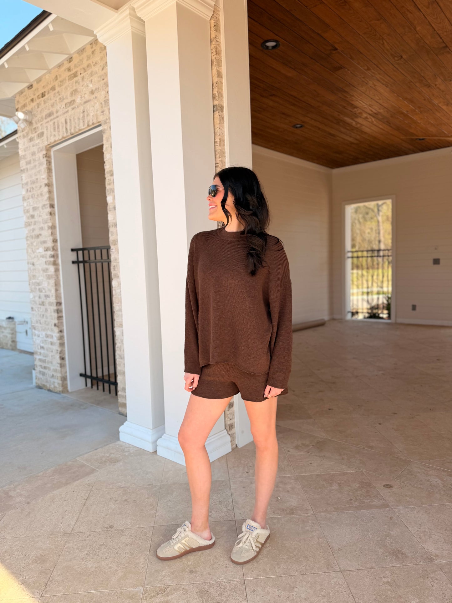 Brown Zenana Round Neck Knit Top and Shorts Sweater Set