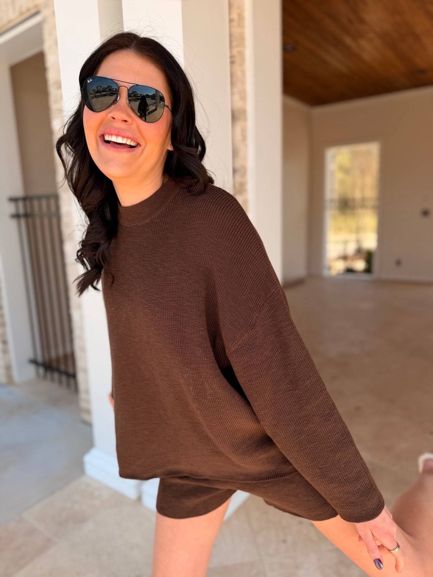 Brown Zenana Round Neck Knit Top and Shorts Sweater Set