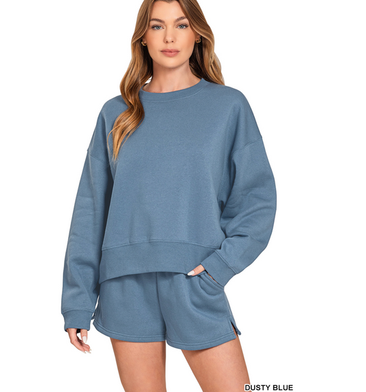 Dusty Blue Zenana Fleece Sweatshirt & Shorts Set