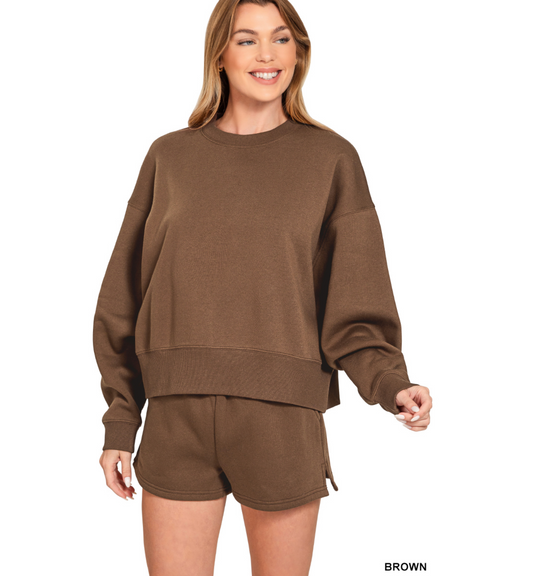 Brown Zenana Fleece Sweatshirt & Shorts Set