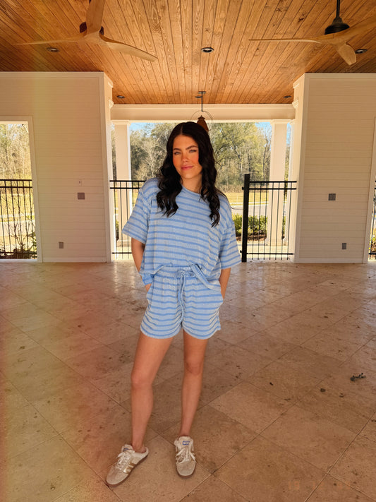 Cornflower Set The Hadley Ribbed Short Sleeve Shirt and Short Set