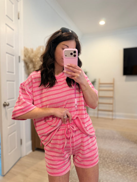 Hot Pink The Hadley Ribbed Short Sleeve Shirt and Short Set